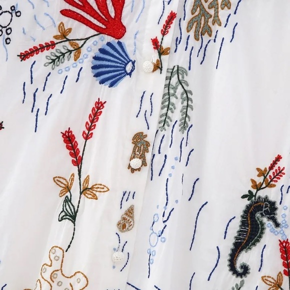 Lena Vie Embroidered Ocean Life Long Sleeve Cotton Button Down Tunic - Picture 4 of 8